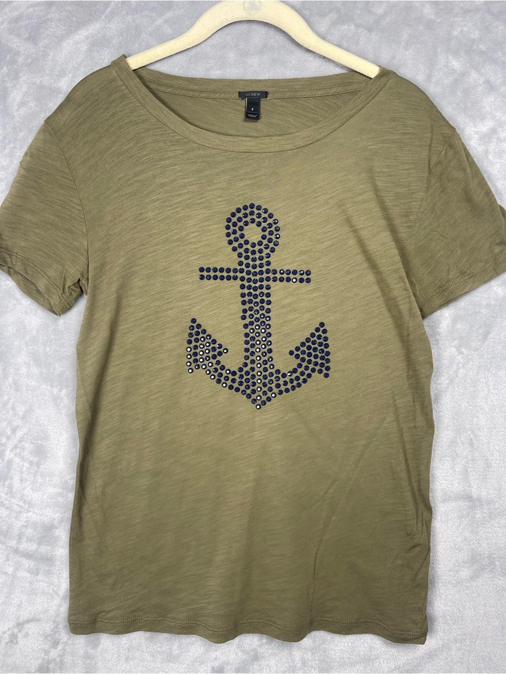 J.Crew Olive Green Crewneck Tee with Navy Blue Anchor design